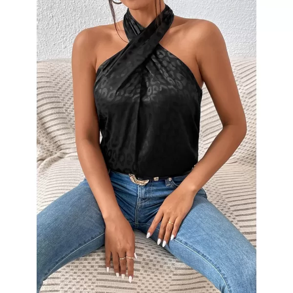 SweatyRocks Women's Crisscross Satin Halter Tops Keyhole Neck Loose Off Shoulder Casual Elegant Party Tank Tops Camis