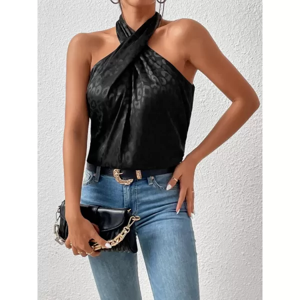 SweatyRocks Women's Crisscross Satin Halter Tops Keyhole Neck Loose Off Shoulder Casual Elegant Party Tank Tops Camis