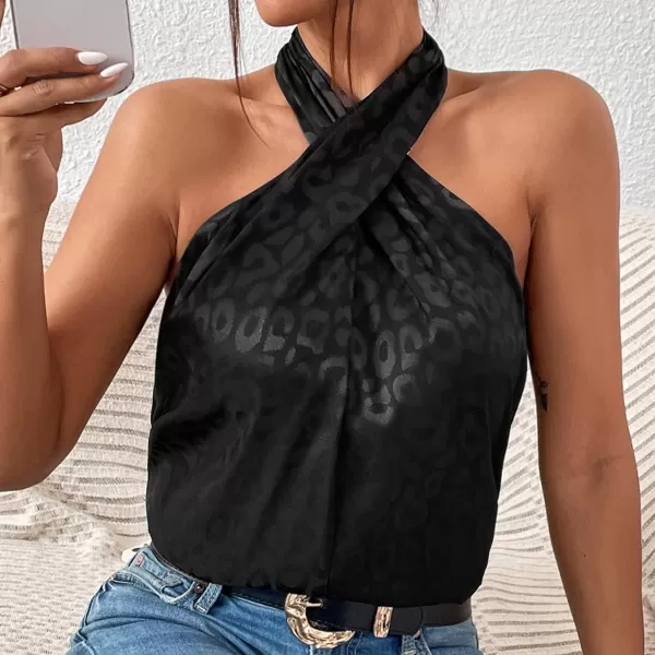 SweatyRocks Women's Crisscross Satin Halter Tops Keyhole Neck Loose Off Shoulder Casual Elegant Party Tank Tops Camis