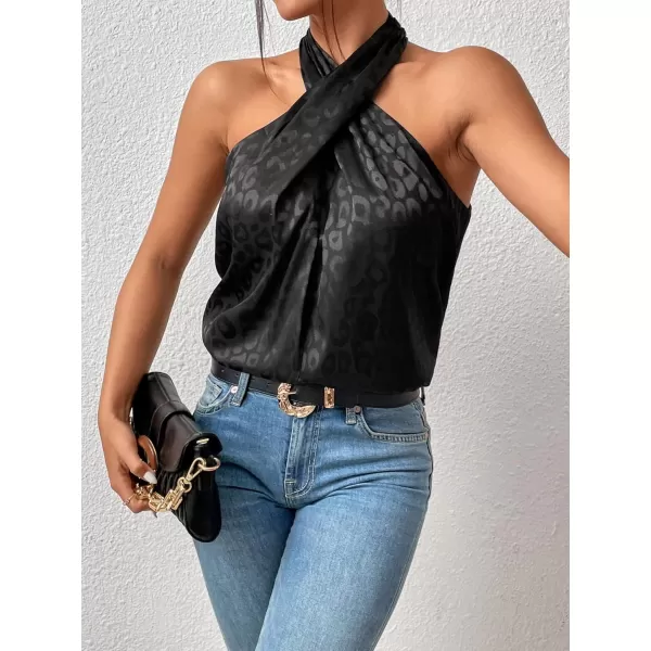 SweatyRocks Women's Crisscross Satin Halter Tops Keyhole Neck Loose Off Shoulder Casual Elegant Party Tank Tops Camis