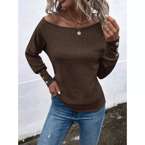 SweatyRocks Women's Cut Out Lantern Long Sleeve Tee Top Off Shoulder Plain Casual Holiday Spring Autumn Shirts
