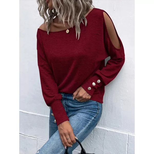SweatyRocks Women's Cut Out Lantern Long Sleeve Tee Top Off Shoulder Plain Casual Holiday Spring Autumn Shirts