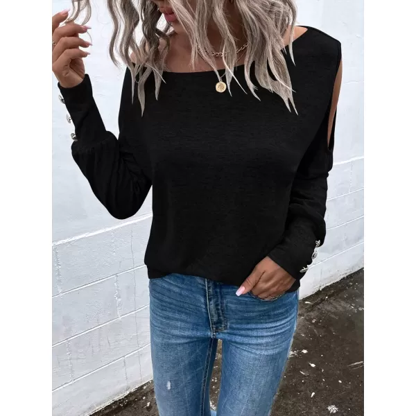 SweatyRocks Women's Cut Out Lantern Long Sleeve Tee Top Off Shoulder Plain Casual Holiday Spring Autumn Shirts