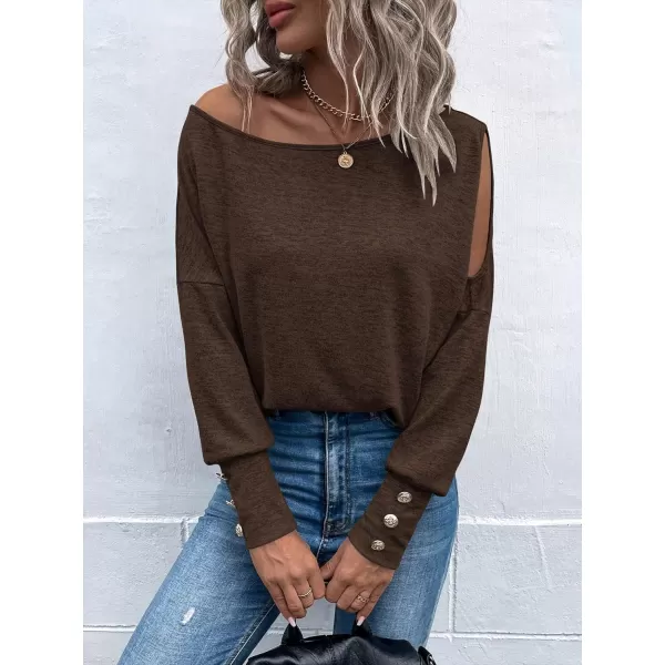 SweatyRocks Women's Cut Out Lantern Long Sleeve Tee Top Off Shoulder Plain Casual Holiday Spring Autumn Shirts