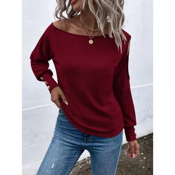 SweatyRocks Women's Cut Out Lantern Long Sleeve Tee Top Off Shoulder Plain Casual Holiday Spring Autumn Shirts