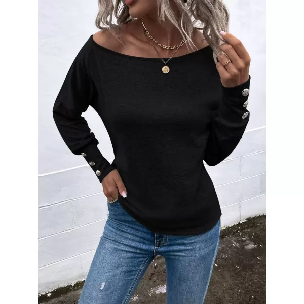 SweatyRocks Women's Cut Out Lantern Long Sleeve Tee Top Off Shoulder Plain Casual Holiday Spring Autumn Shirts