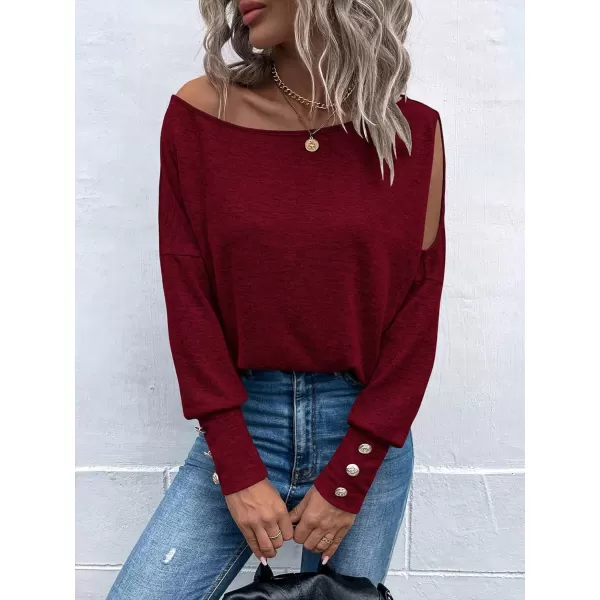 SweatyRocks Women's Cut Out Lantern Long Sleeve Tee Top Off Shoulder Plain Casual Holiday Spring Autumn Shirts