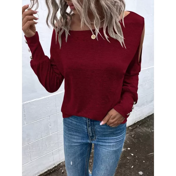 SweatyRocks Women's Cut Out Lantern Long Sleeve Tee Top Off Shoulder Plain Casual Holiday Spring Autumn Shirts