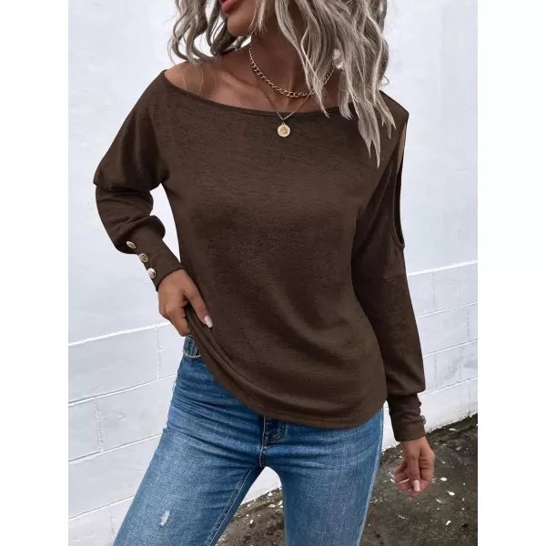 SweatyRocks Women's Cut Out Lantern Long Sleeve Tee Top Off Shoulder Plain Casual Holiday Spring Autumn Shirts