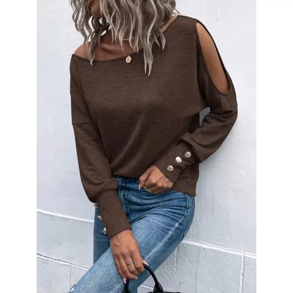 SweatyRocks Women's Cut Out Lantern Long Sleeve Tee Top Off Shoulder Plain Casual Holiday Spring Autumn Shirts
