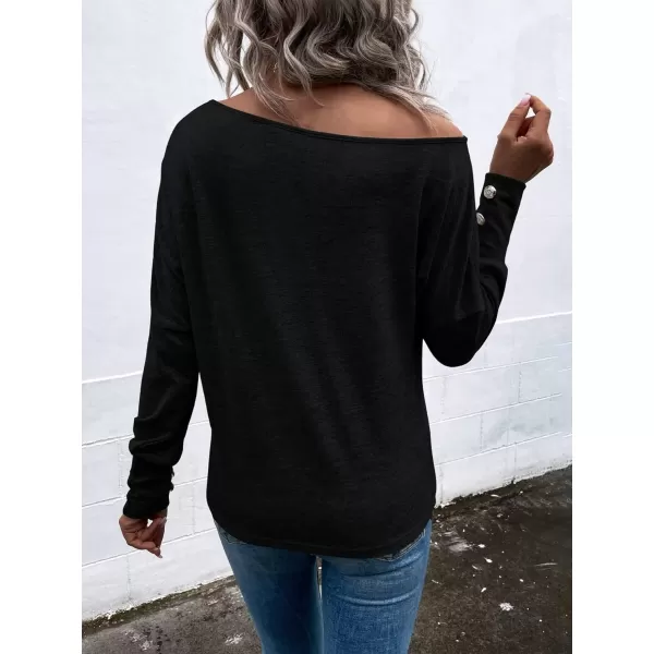 SweatyRocks Women's Cut Out Lantern Long Sleeve Tee Top Off Shoulder Plain Casual Holiday Spring Autumn Shirts