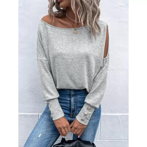 SweatyRocks Women's Cut Out Lantern Long Sleeve Tee Top Off Shoulder Plain Casual Holiday Spring Autumn Shirts