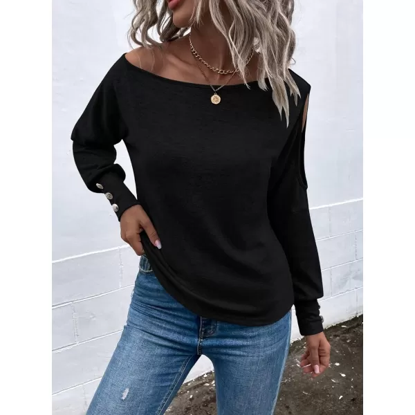 SweatyRocks Women's Cut Out Lantern Long Sleeve Tee Top Off Shoulder Plain Casual Holiday Spring Autumn Shirts