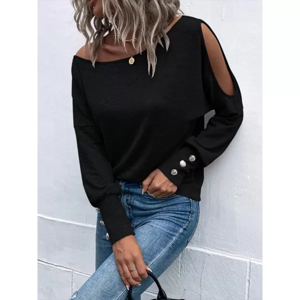 SweatyRocks Women's Cut Out Lantern Long Sleeve Tee Top Off Shoulder Plain Casual Holiday Spring Autumn Shirts