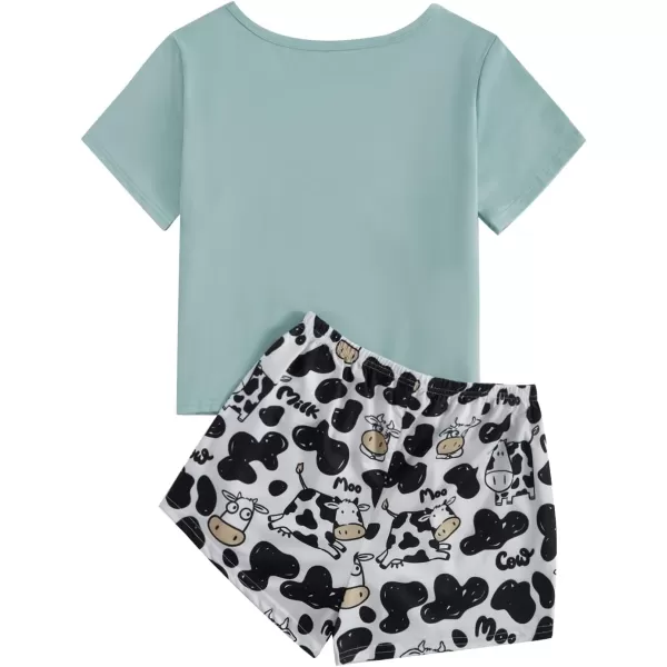SweatyRocks Women's Cute Graphic Print Short Sleeve Crop Top With Shorts Pajama Set