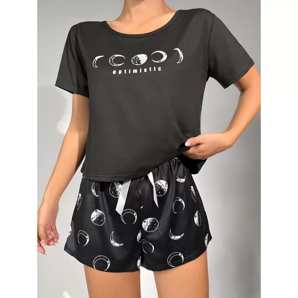 SweatyRocks Women's Cute Graphic Print Short Sleeve Crop Top With Shorts Pajama Set