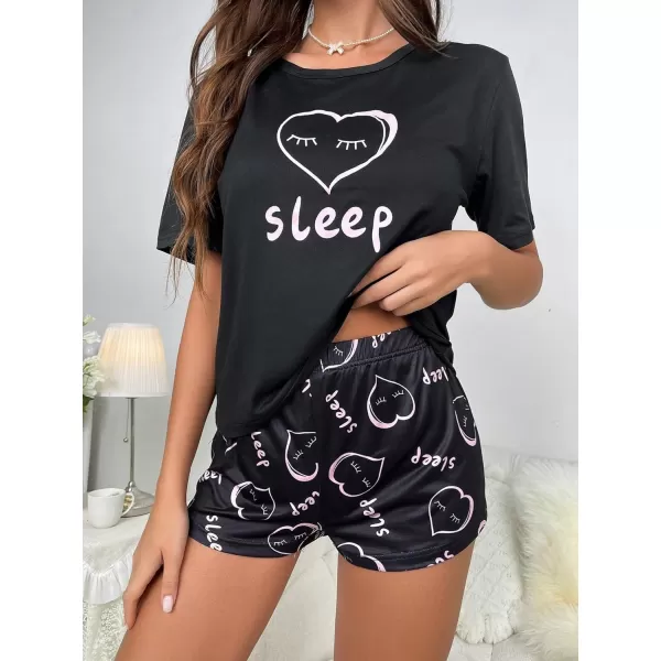 SweatyRocks Women's Cute Graphic Print Short Sleeve Crop Top With Shorts Pajama Set