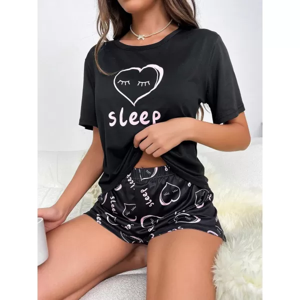 SweatyRocks Women's Cute Graphic Print Short Sleeve Crop Top With Shorts Pajama Set