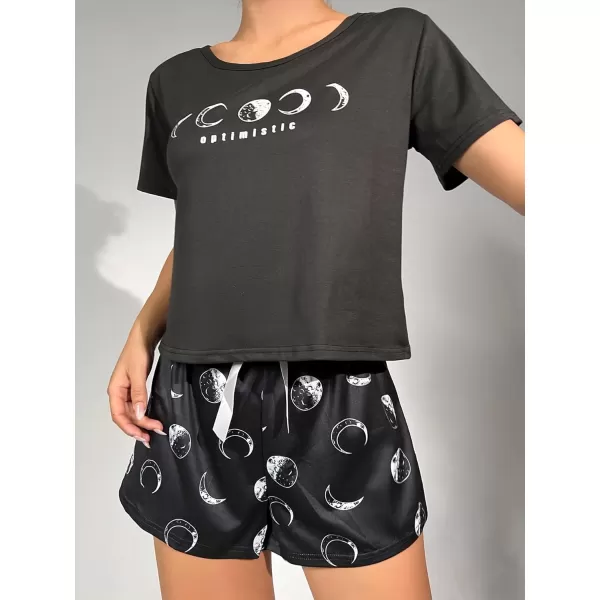 SweatyRocks Women's Cute Graphic Print Short Sleeve Crop Top With Shorts Pajama Set