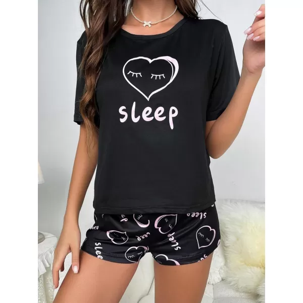 SweatyRocks Women's Cute Graphic Print Short Sleeve Crop Top With Shorts Pajama Set
