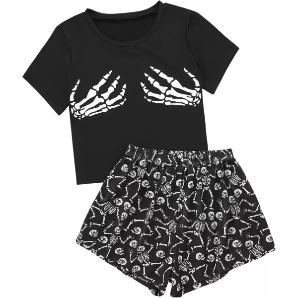 SweatyRocks Women's Cute Graphic Print Short Sleeve Crop Top With Shorts Pajama Set
