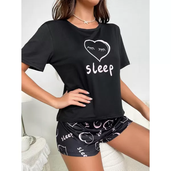 SweatyRocks Women's Cute Graphic Print Short Sleeve Crop Top With Shorts Pajama Set