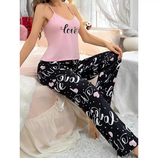 SweatyRocks Women's Cute Pajama Set 2 Piece Graphic Print Cami Top and Pants Pj Sets Sleepwear