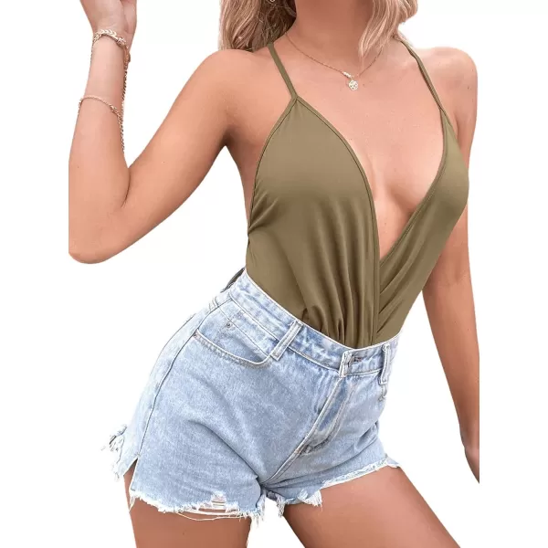 SweatyRocks Women's Deep V Neck Backless Cami Top Ruched Wrap Bodysuit Jumpsuit
