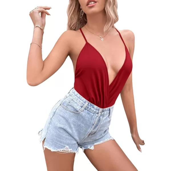 SweatyRocks Women's Deep V Neck Backless Cami Top Ruched Wrap Bodysuit Jumpsuit