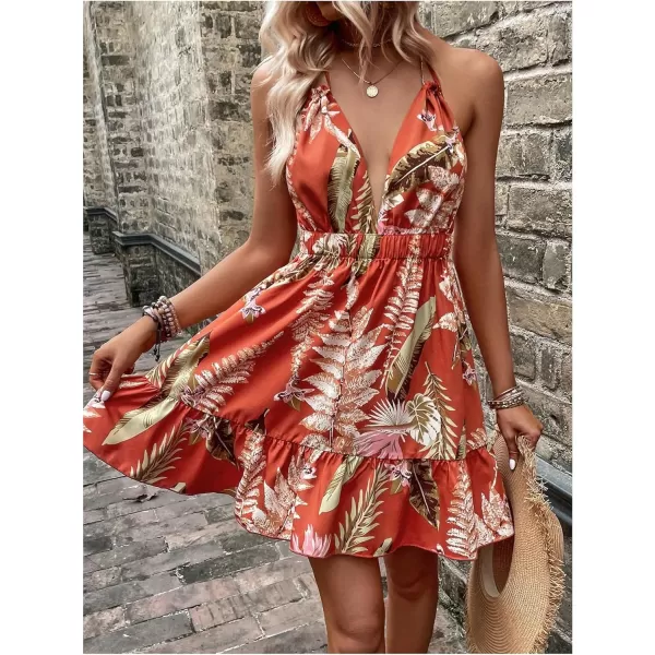 SweatyRocks Women's Deep V Neck Halter Sleeveless Mini Dress Backless Boho Floral Print Ruffle Hem Flare Dresses