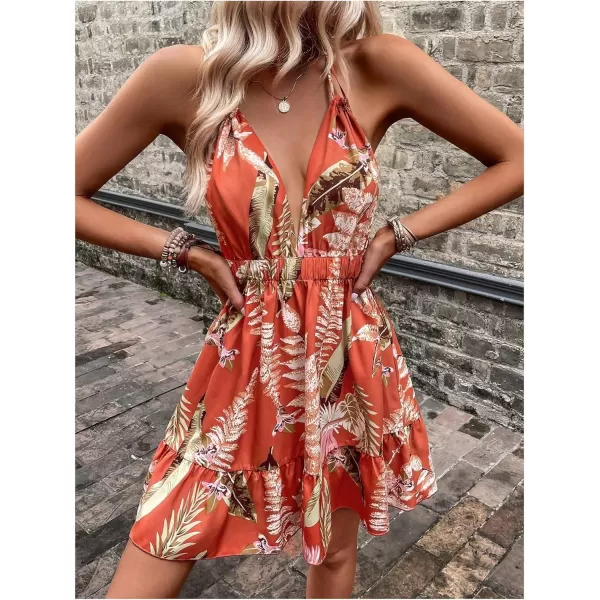 SweatyRocks Women's Deep V Neck Halter Sleeveless Mini Dress Backless Boho Floral Print Ruffle Hem Flare Dresses
