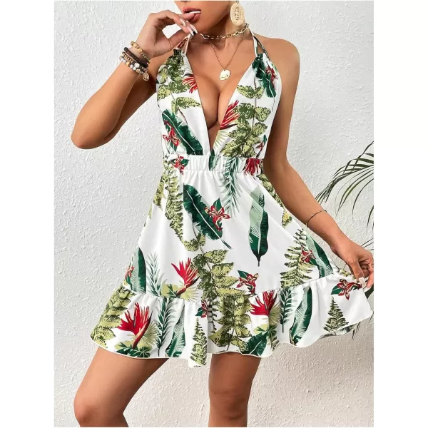SweatyRocks Women's Deep V Neck Halter Sleeveless Mini Dress Backless Boho Floral Print Ruffle Hem Flare Dresses