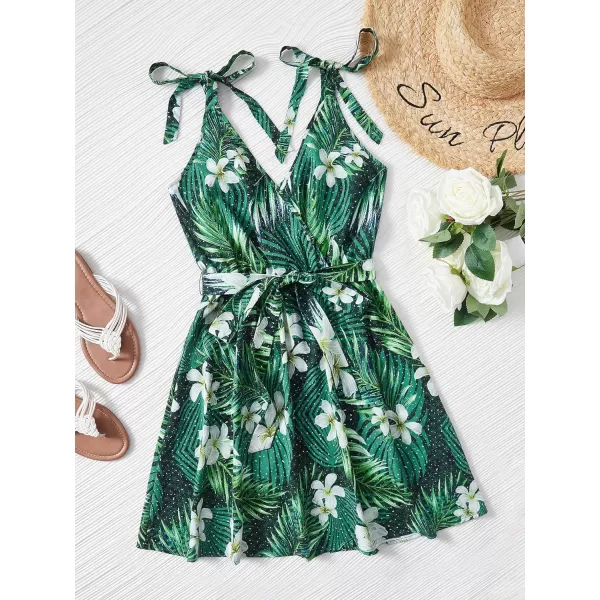 SweatyRocks Women's Deep V Neck Halter Sleeveless Mini Dress Backless Boho Floral Print Ruffle Hem Flare Dresses