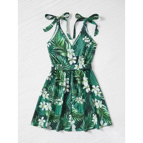 SweatyRocks Women's Deep V Neck Halter Sleeveless Mini Dress Backless Boho Floral Print Ruffle Hem Flare Dresses