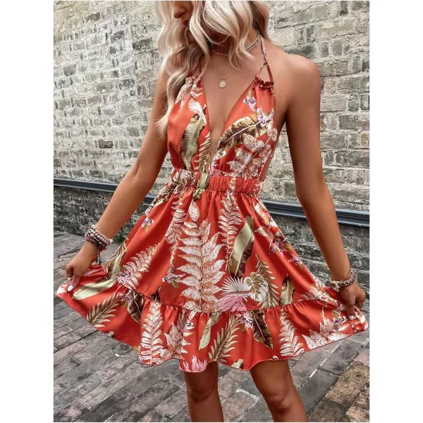 SweatyRocks Women's Deep V Neck Halter Sleeveless Mini Dress Backless Boho Floral Print Ruffle Hem Flare Dresses