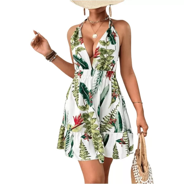 SweatyRocks Women's Deep V Neck Halter Sleeveless Mini Dress Backless Boho Floral Print Ruffle Hem Flare Dresses