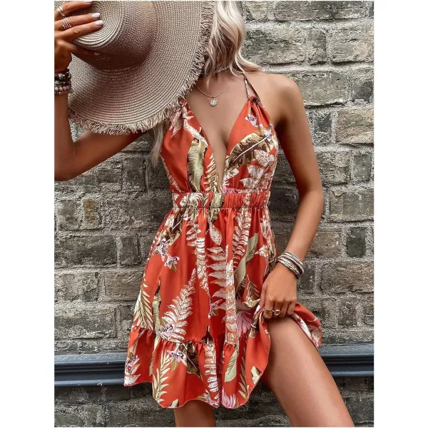SweatyRocks Women's Deep V Neck Halter Sleeveless Mini Dress Backless Boho Floral Print Ruffle Hem Flare Dresses