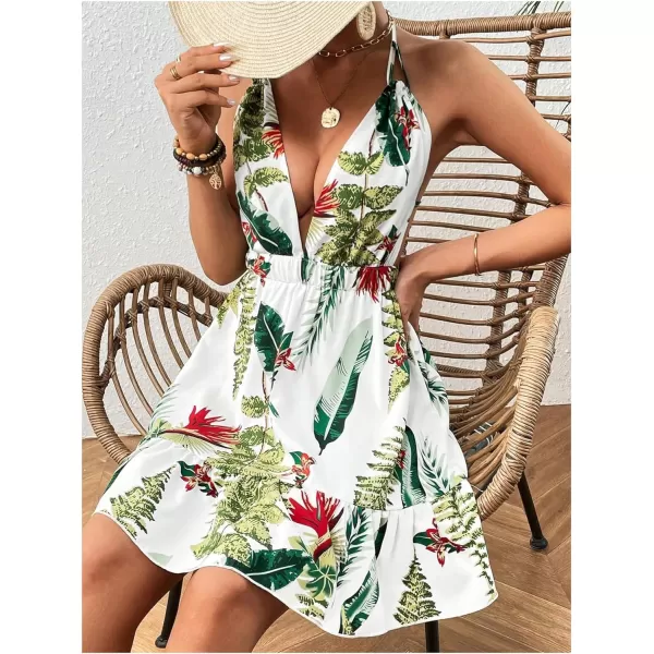 SweatyRocks Women's Deep V Neck Halter Sleeveless Mini Dress Backless Boho Floral Print Ruffle Hem Flare Dresses
