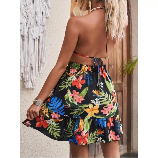 SweatyRocks Women's Deep V Neck Halter Sleeveless Mini Dress Backless Boho Floral Print Ruffle Hem Flare Dresses