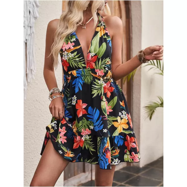 SweatyRocks Women's Deep V Neck Halter Sleeveless Mini Dress Backless Boho Floral Print Ruffle Hem Flare Dresses