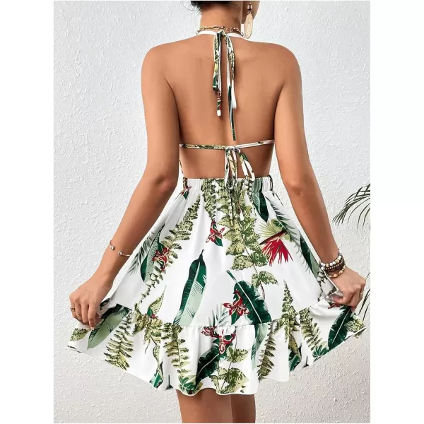 SweatyRocks Women's Deep V Neck Halter Sleeveless Mini Dress Backless Boho Floral Print Ruffle Hem Flare Dresses