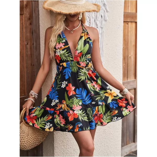 SweatyRocks Women's Deep V Neck Halter Sleeveless Mini Dress Backless Boho Floral Print Ruffle Hem Flare Dresses