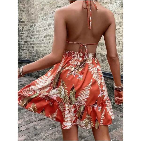 SweatyRocks Women's Deep V Neck Halter Sleeveless Mini Dress Backless Boho Floral Print Ruffle Hem Flare Dresses