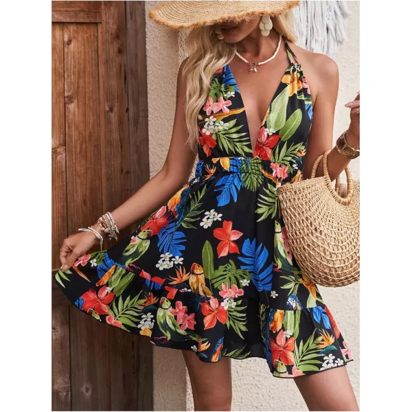 SweatyRocks Women's Deep V Neck Halter Sleeveless Mini Dress Backless Boho Floral Print Ruffle Hem Flare Dresses
