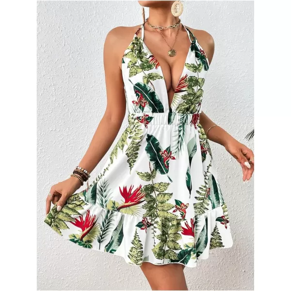 SweatyRocks Women's Deep V Neck Halter Sleeveless Mini Dress Backless Boho Floral Print Ruffle Hem Flare Dresses