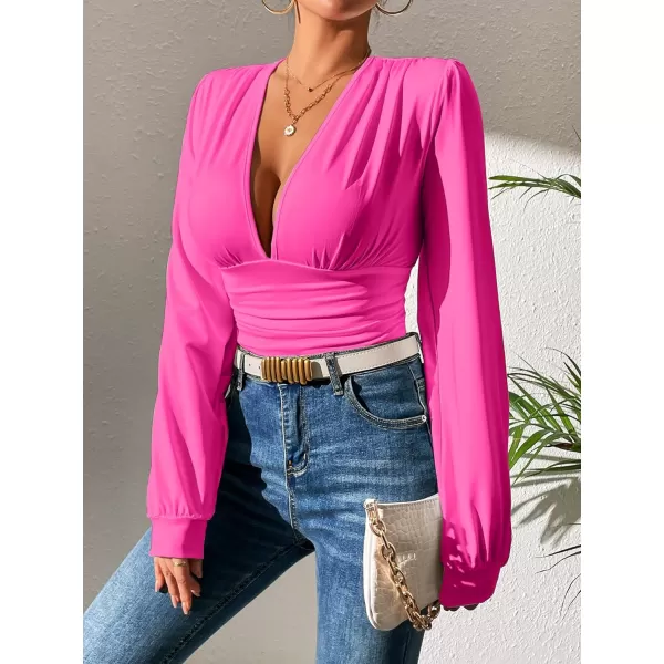 SweatyRocks Women's Deep V Neck Long Sleeve Slim Fit Ruched Blouse Bodysuit Jumpsuit