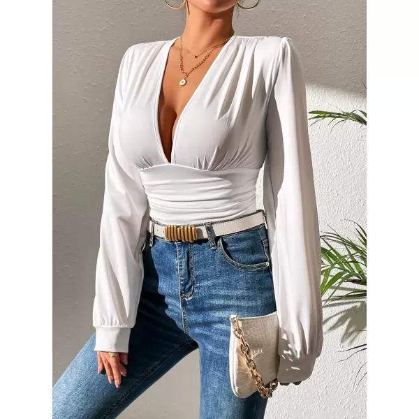 SweatyRocks Women's Deep V Neck Long Sleeve Slim Fit Ruched Blouse Bodysuit Jumpsuit