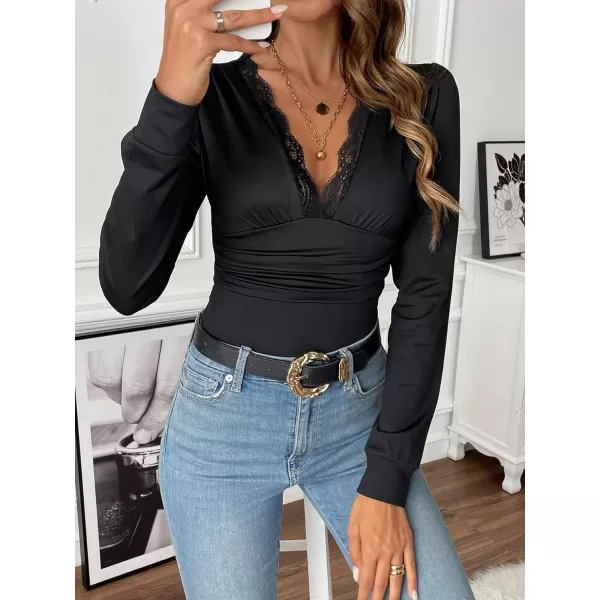 SweatyRocks Women's Deep V Neck Long Sleeve Slim Fit Ruched Blouse Bodysuit Jumpsuit