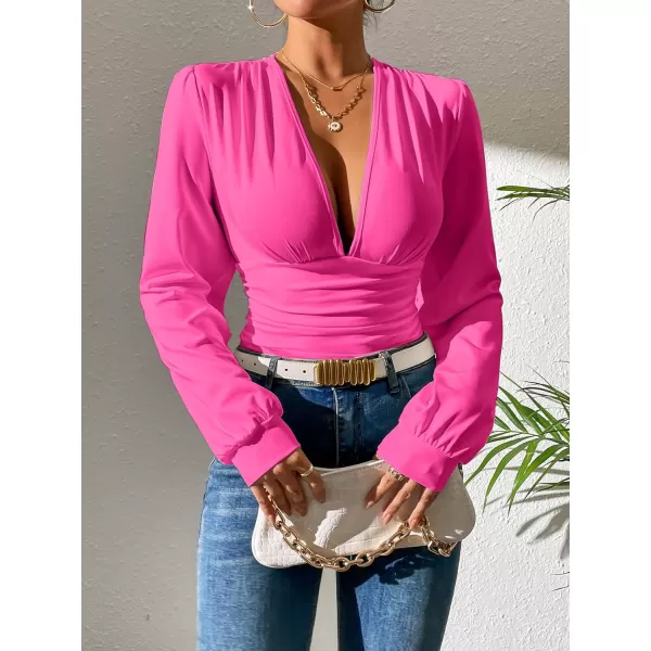 SweatyRocks Women's Deep V Neck Long Sleeve Slim Fit Ruched Blouse Bodysuit Jumpsuit