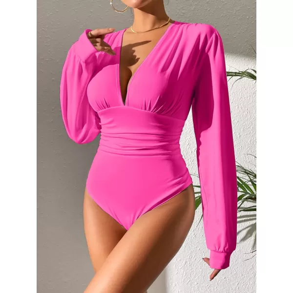 SweatyRocks Women's Deep V Neck Long Sleeve Slim Fit Ruched Blouse Bodysuit Jumpsuit